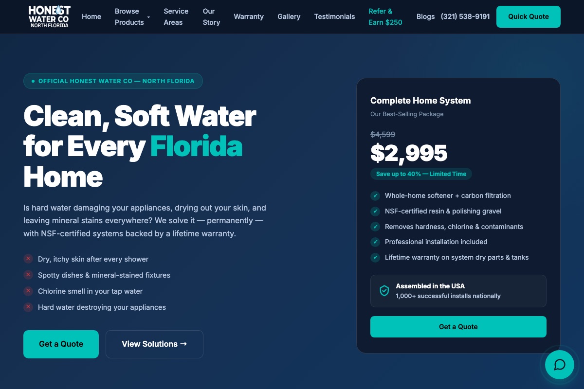 Honest Water Co homepage: Clean, Soft Water for Every Florida Home, with a quote form and the Refer and Earn link in the menu