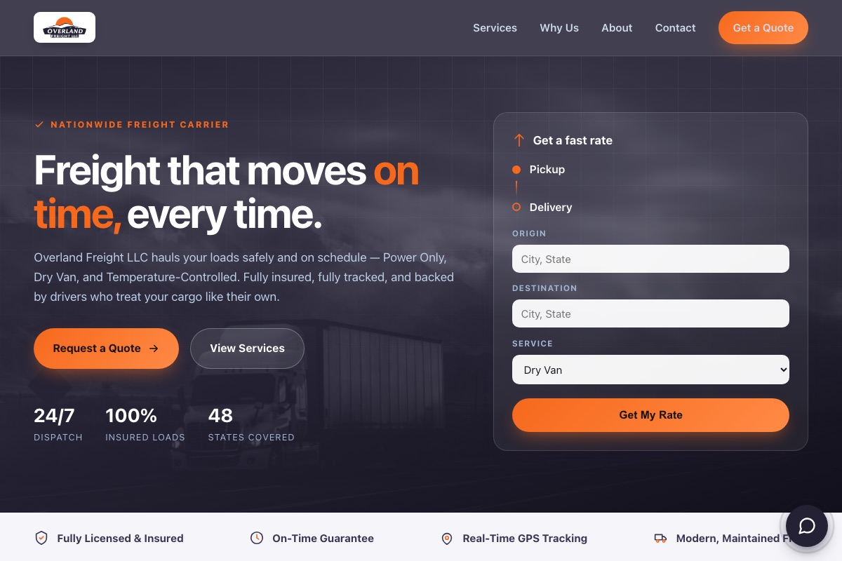 Screenshot of the Overland Freight Systems website